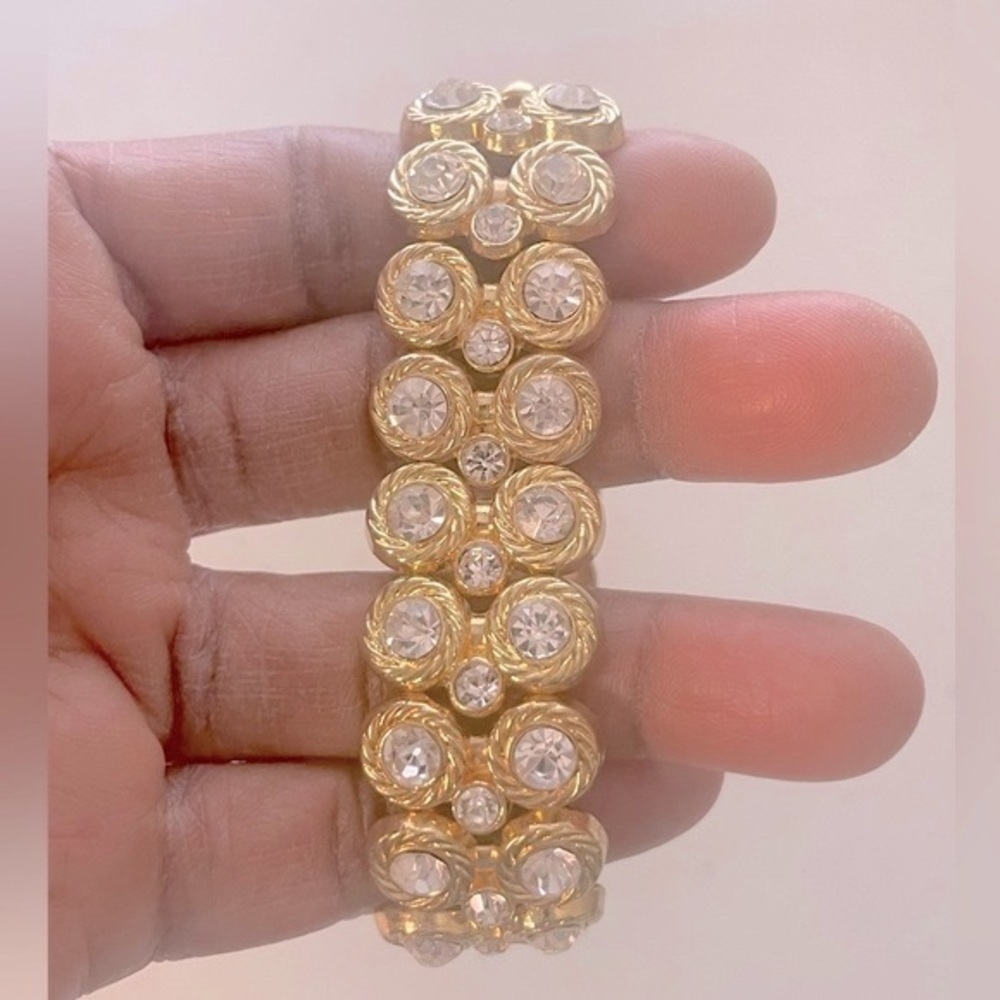 Gold Layered Round Rhinestone Formal Stretch Bracelet - Picture 3 of 5